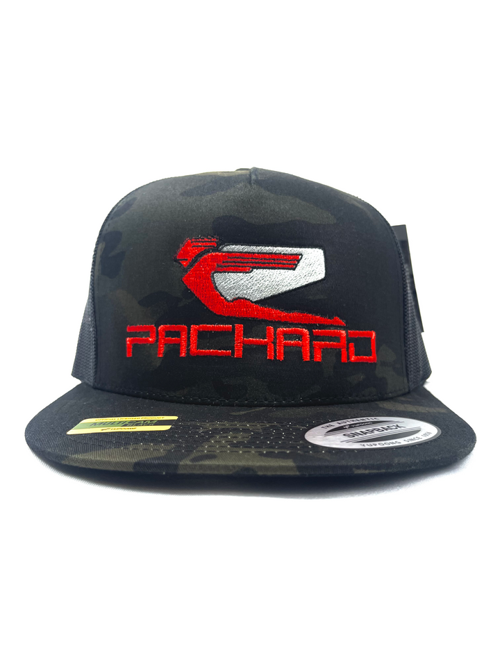 EMBROIDERED TRUCKER HAT FLAT BRIM RED LOGO CAMO