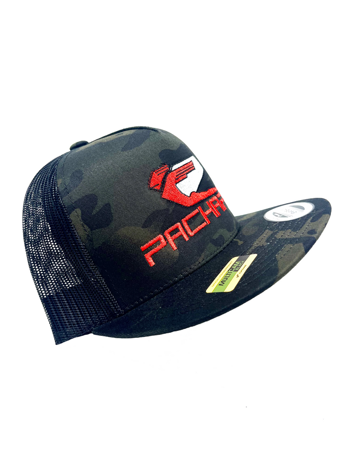 EMBROIDERED TRUCKER HAT FLAT BRIM RED LOGO CAMO