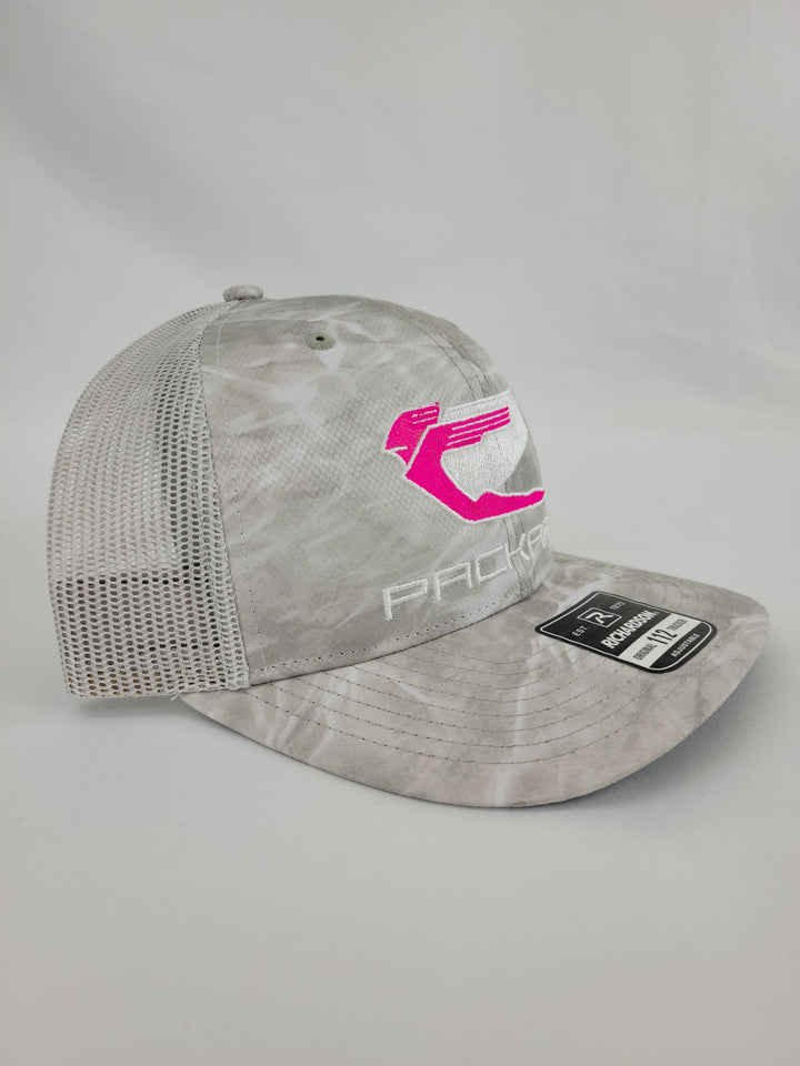 Embroidered Trucker Hat Curved Brim Pink Logo